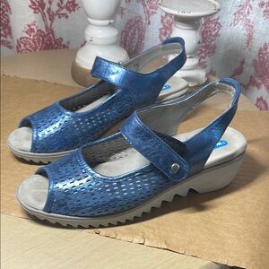 Wolky Comfort Walking Sandals in Metallic Blue with Adjustable Slingback